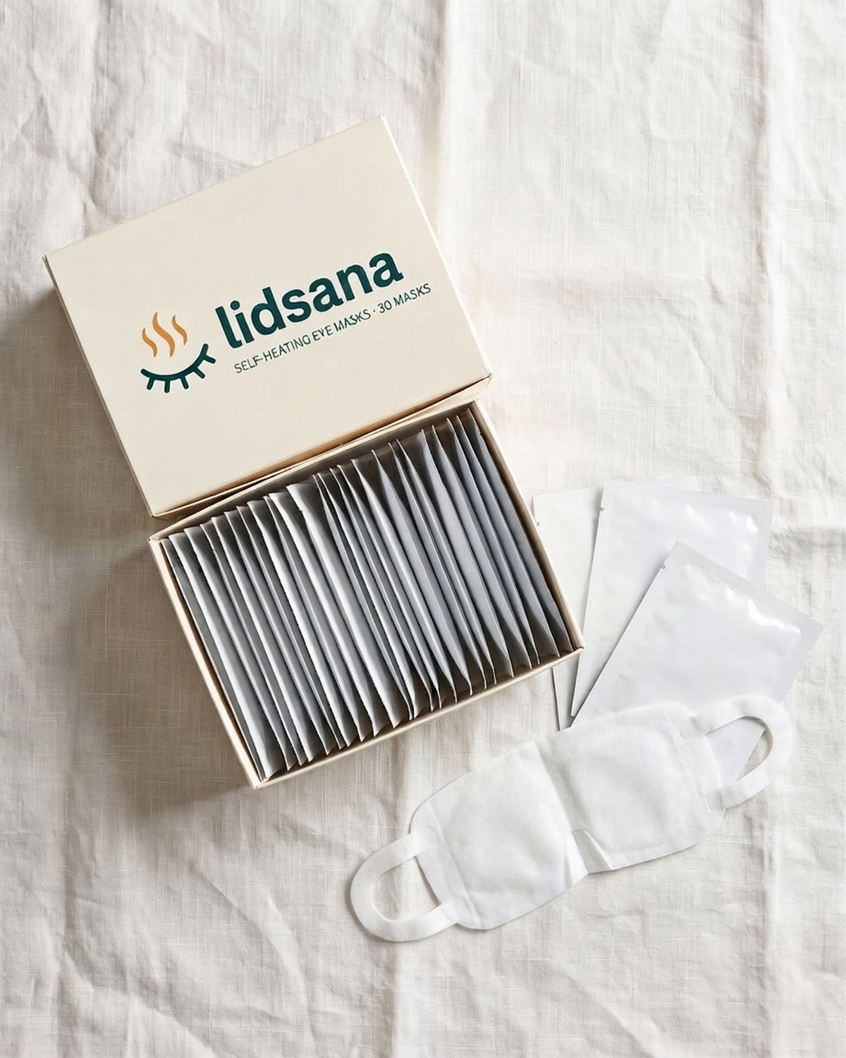 Lidsana box with 30 individually wrapped self-warming eye masks