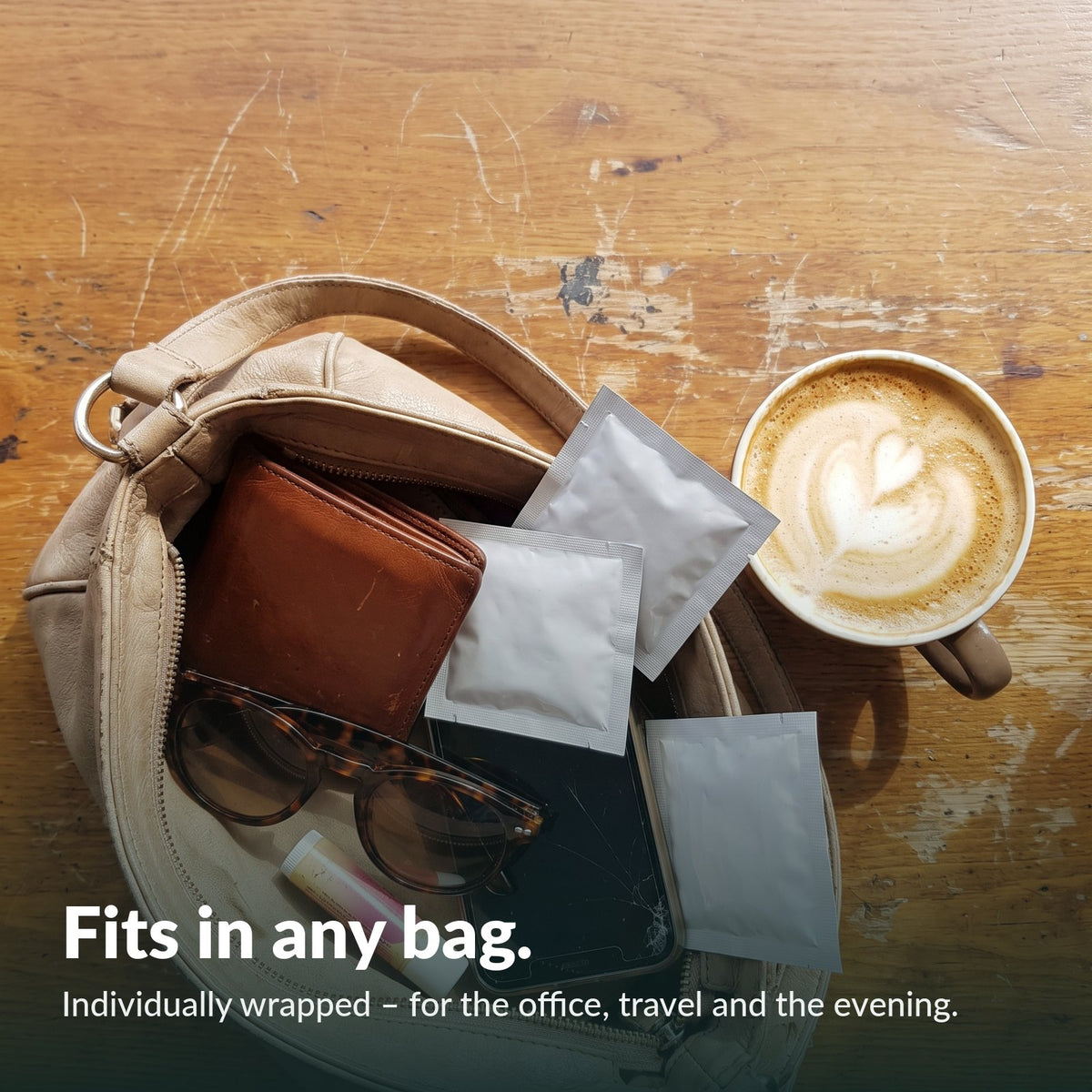 Fits in any bag: individually wrapped pouches