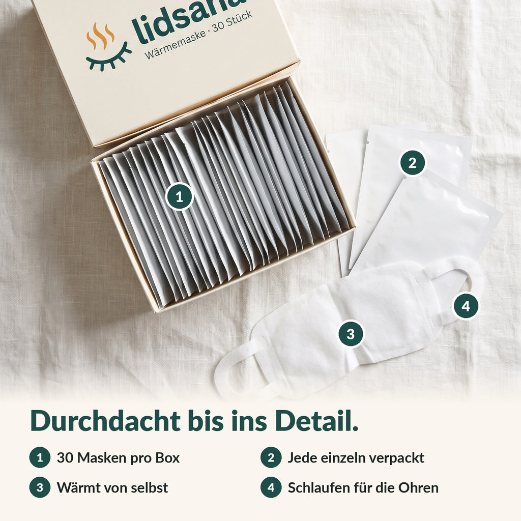 Details: 30 Masken pro Box, jede einzeln verpackt, wärmt von selbst, Schlaufen für die Ohren