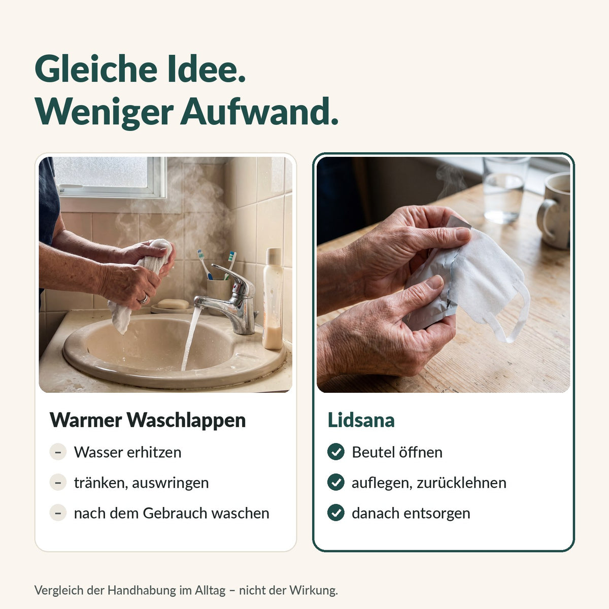 Gleiche Idee, weniger Aufwand: warmer Waschlappen und Lidsana im Vergleich der Handhabung
