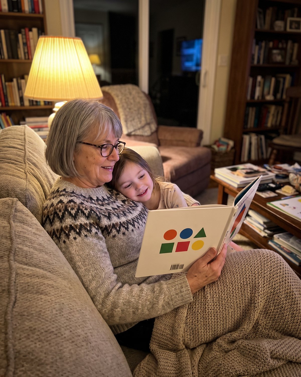 Frau liest abends auf dem Sofa vor (Modell)